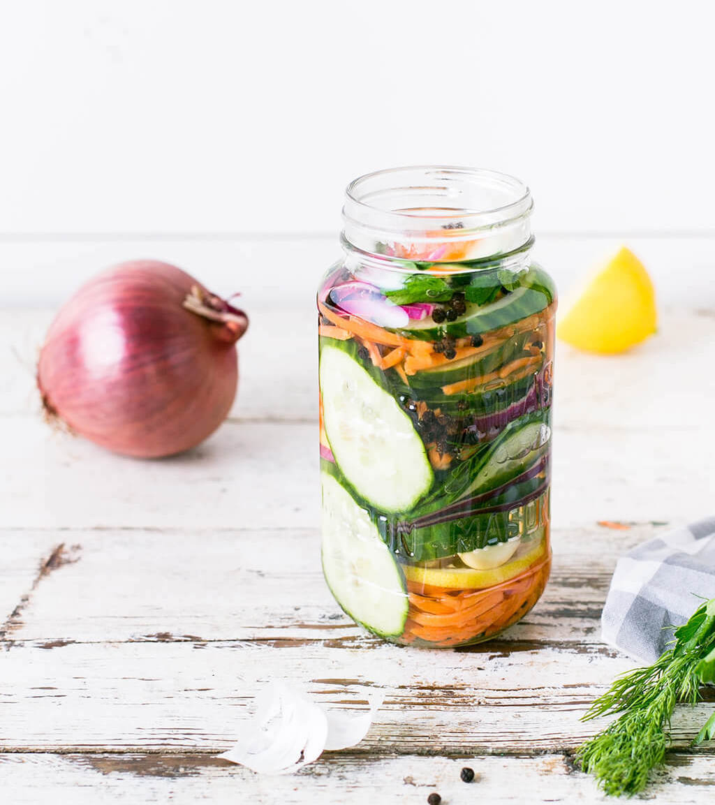 Chopped vegetables in a glass jar